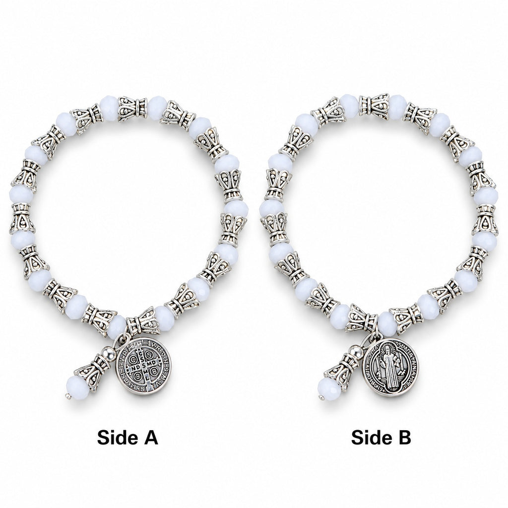White Saint Benedict crystal bead bracelet Side A and Side B views