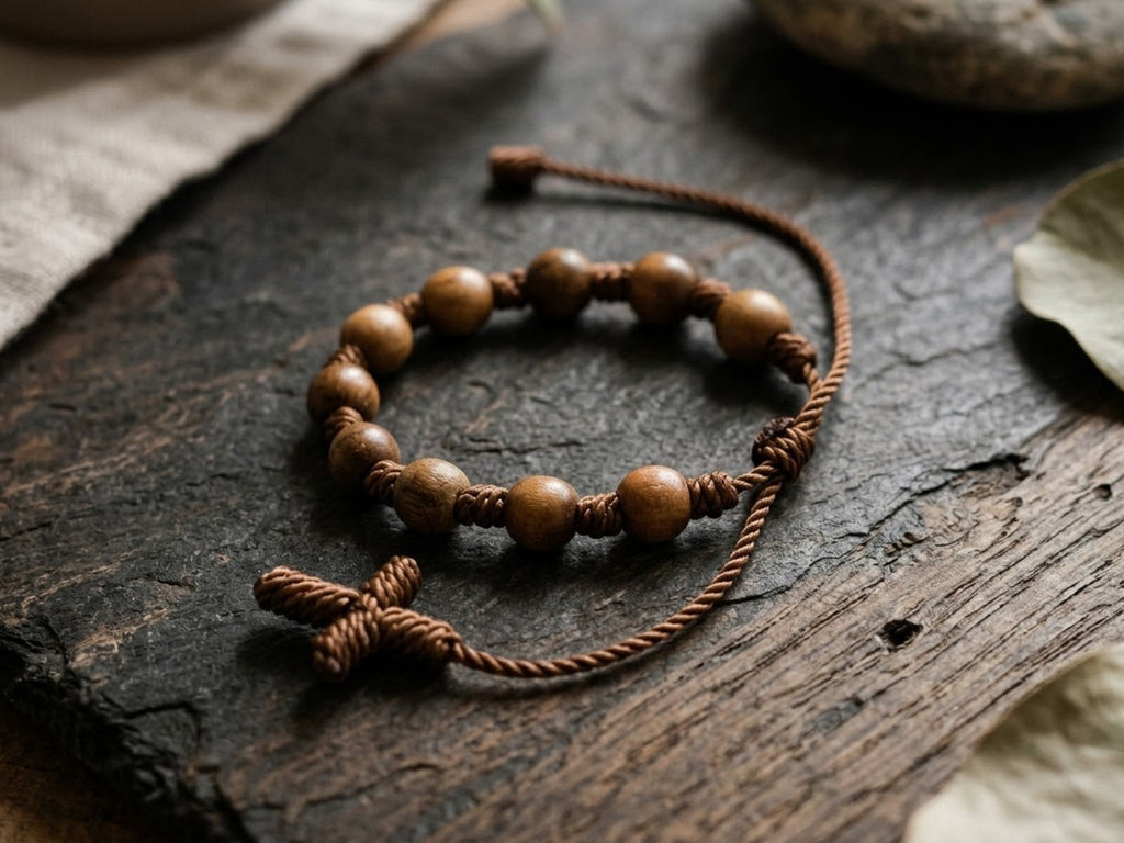 Rustic wooden bead adjustable cord decade rosary bracelet on dark stone